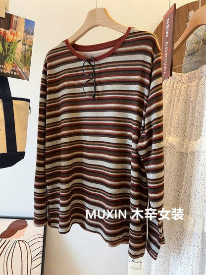 Colorful retro striped sanded soft autumn and winter casual loose simple women's long-sleeved inner T-shirt