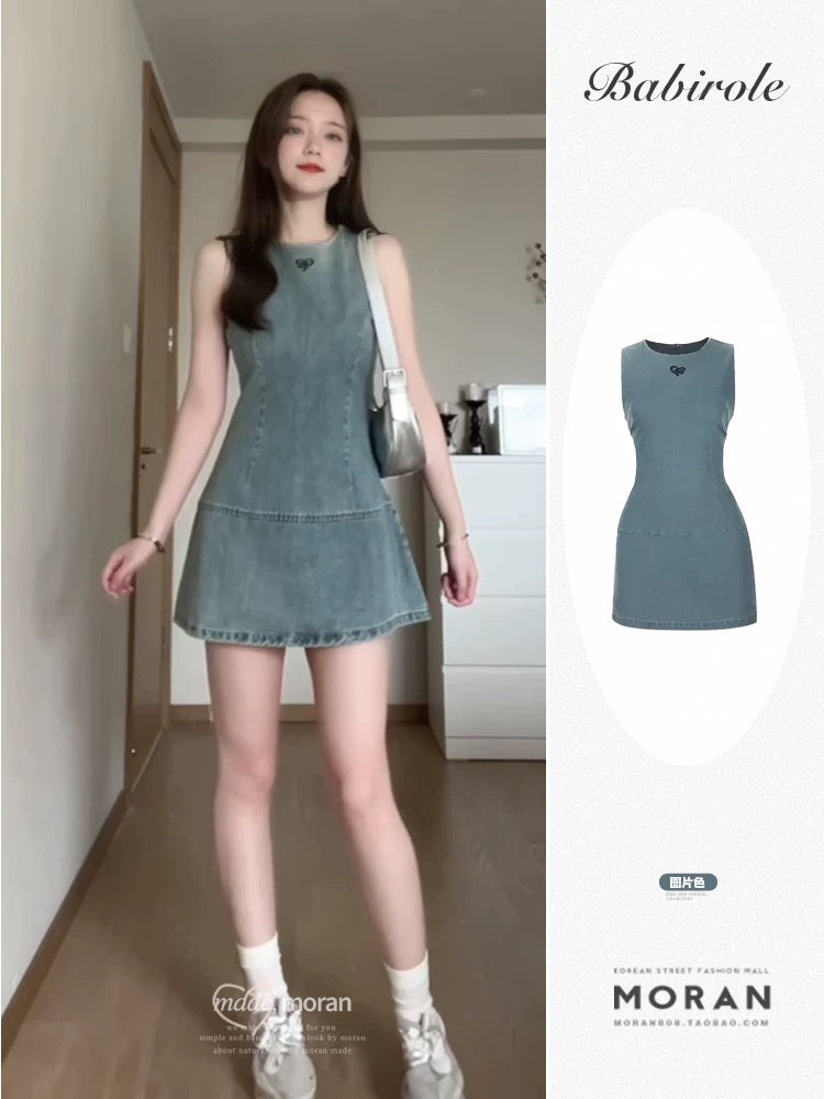 American Retro Sleeveless Vest Denim Dress Women's Summer Niche Waist-Salt Hot Girl Fried Street Bag Hip Short Skirt