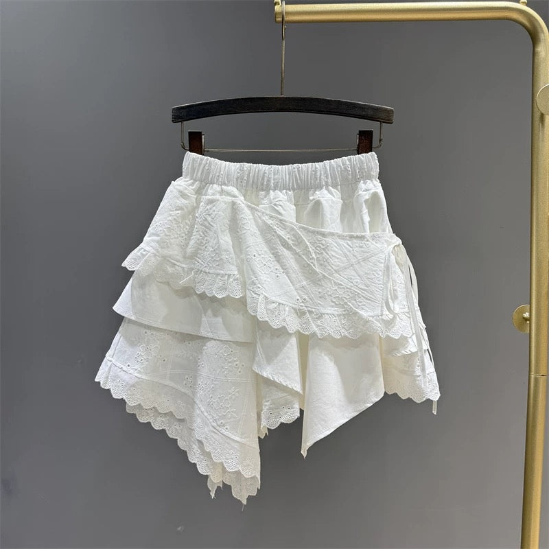 White irregular lace splicing short skirt female 2025 summer new high waist slim a-line skirt cake skirt