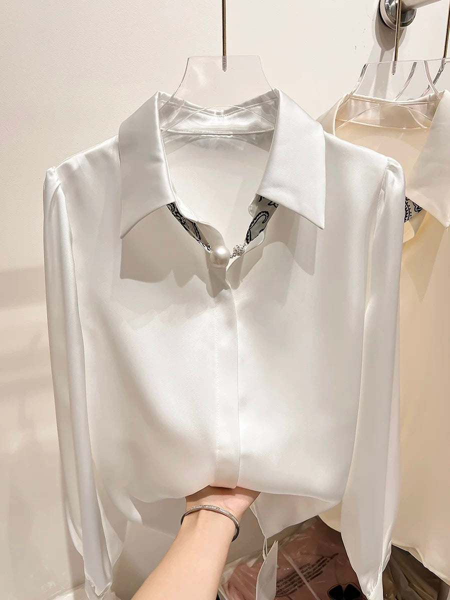 2024 new lapel silk scarf long-sleeved solid color chiffon shirt slim satin stylish top French autumn temperament female
