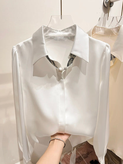 2024 new lapel silk scarf long-sleeved solid color chiffon shirt slim satin stylish top French autumn temperament female