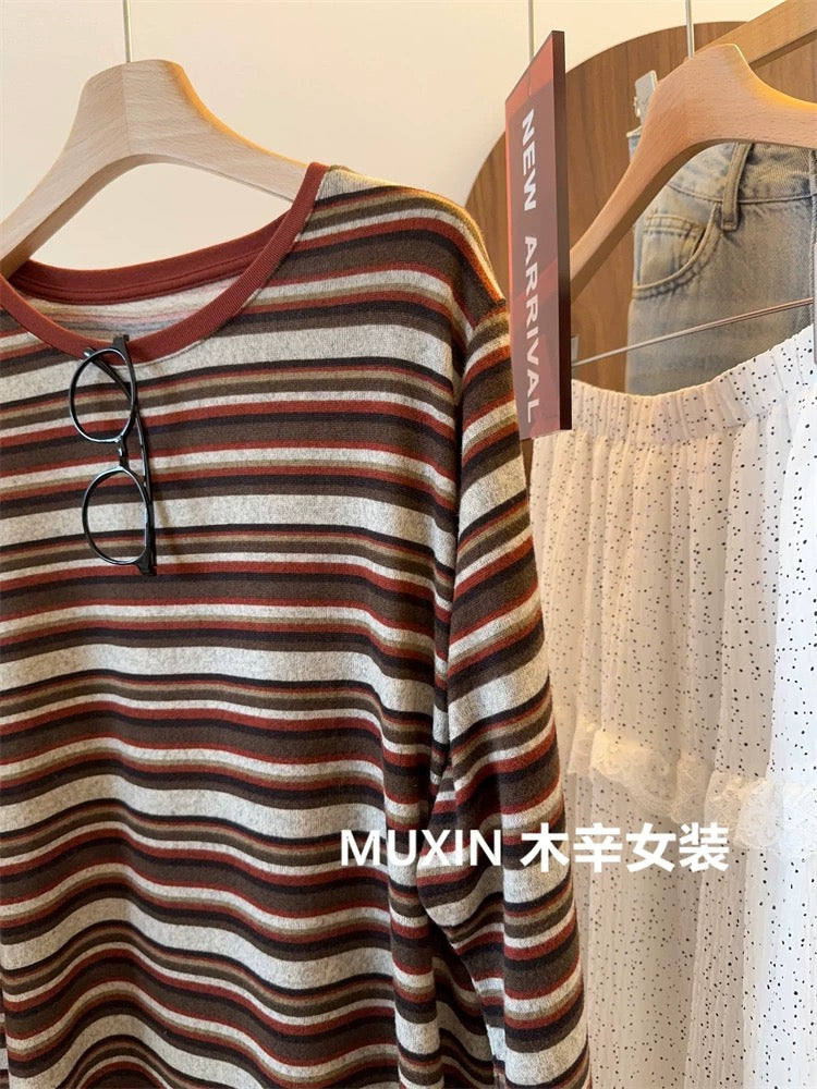 Colorful retro striped sanded soft autumn and winter casual loose simple women's long-sleeved inner T-shirt