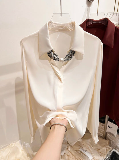 2024 new lapel silk scarf long-sleeved solid color chiffon shirt slim satin stylish top French autumn temperament female