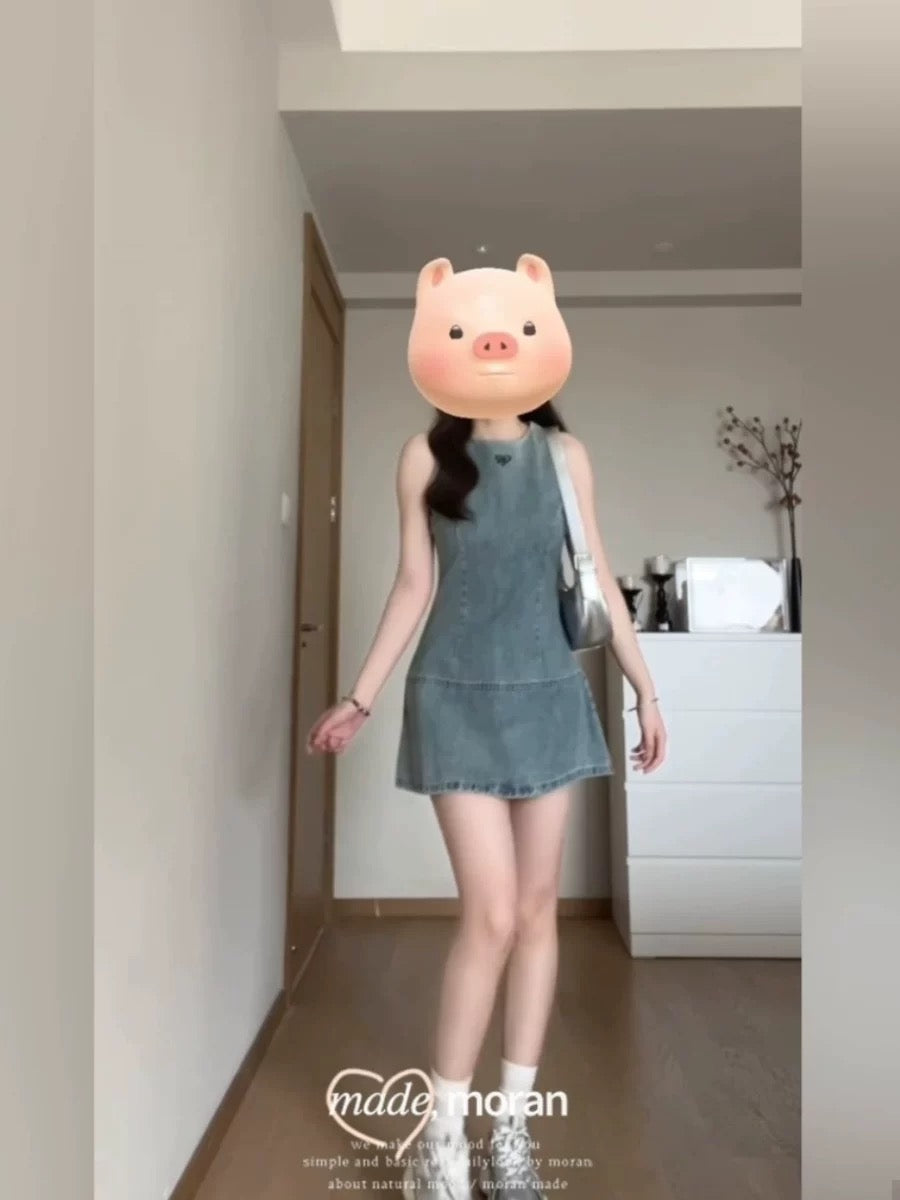 American Retro Sleeveless Vest Denim Dress Women's Summer Niche Waist-Salt Hot Girl Fried Street Bag Hip Short Skirt