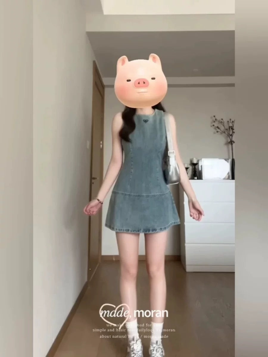 American Retro Sleeveless Vest Denim Dress Women's Summer Niche Waist-Salt Hot Girl Fried Street Bag Hip Short Skirt