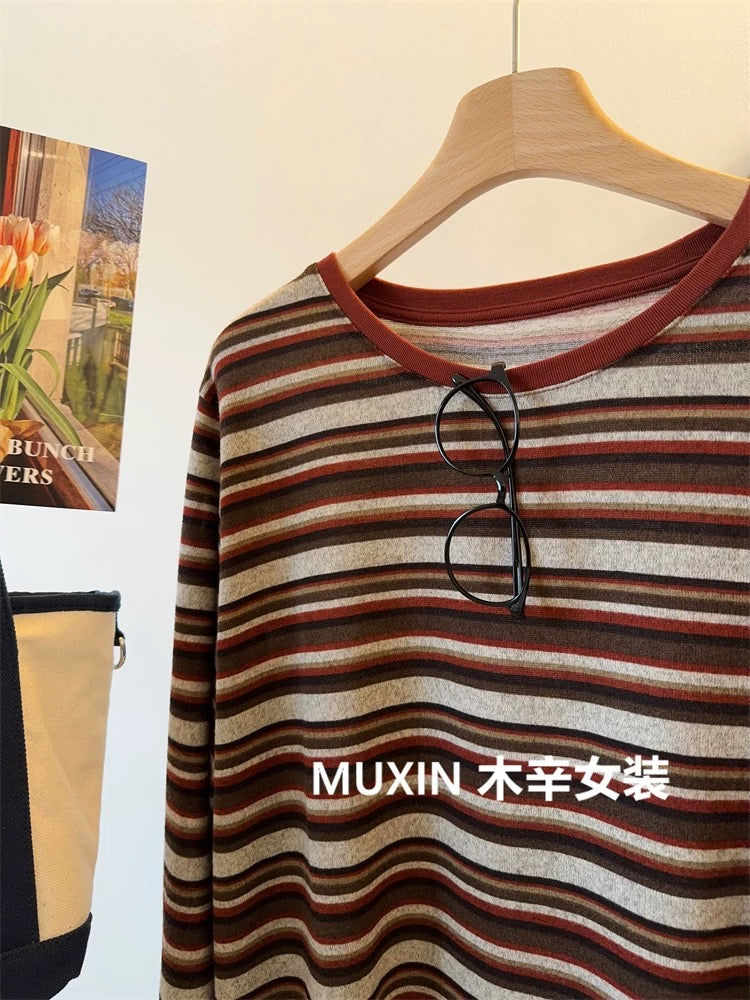Colorful retro striped sanded soft autumn and winter casual loose simple women's long-sleeved inner T-shirt