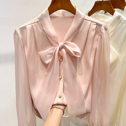 2023 new European goods temperament slim solid color V-neck organza lace-up single-breasted long-sleeved chiffon shirt for women spring
