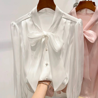 2023 new European goods temperament slim solid color V-neck organza lace-up single-breasted long-sleeved chiffon shirt for women spring