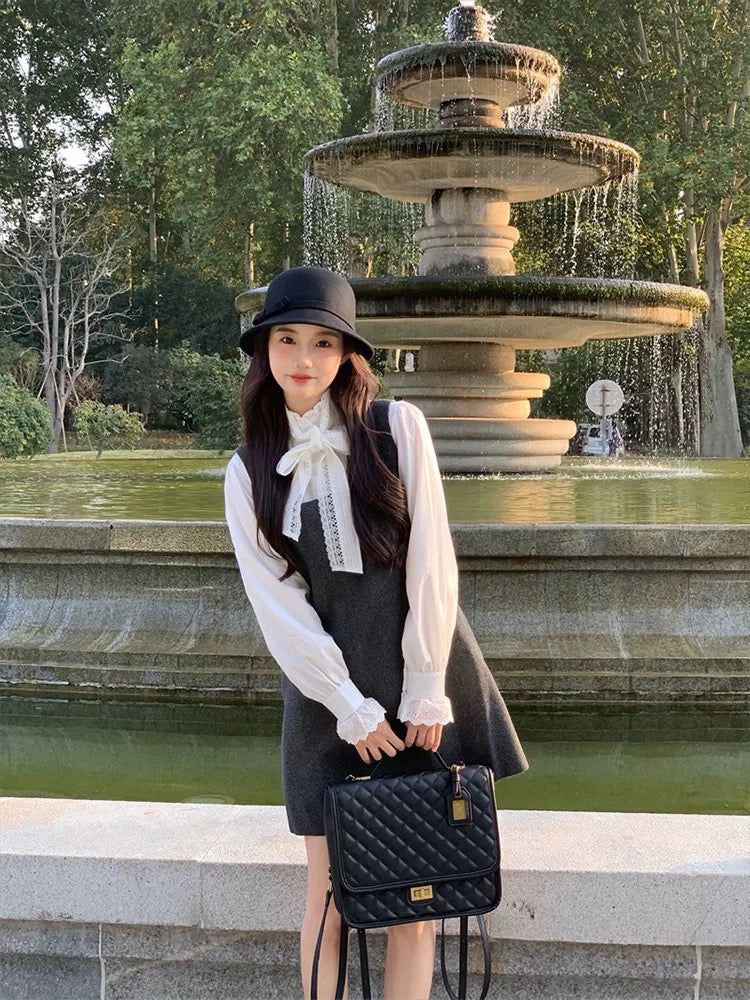 Age-reducing, beautiful and stylish suit, early autumn, new style, French bow, niche shirt, vest, dress, two-piece set
