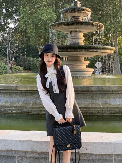 Age-reducing, beautiful and stylish suit, early autumn, new style, French bow, niche shirt, vest, dress, two-piece set