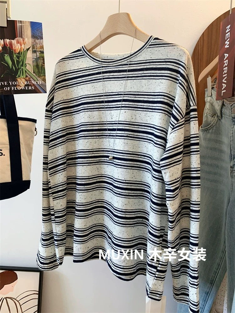 Snowflake dot stripes loose autumn new soft cotton long-sleeved retro casual top Korean T-shirt women
