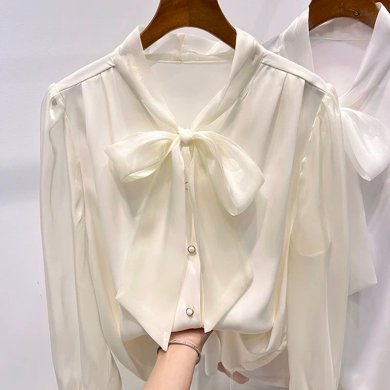 2023 new European goods temperament slim solid color V-neck organza lace-up single-breasted long-sleeved chiffon shirt for women spring