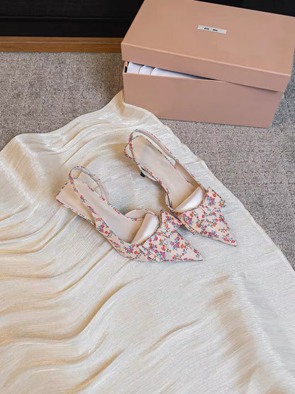 Jianghou Women's Summer High-Heeled Shoes: French-Style Bow, Closed-Toe, Side-Cutout Design; Perfect for Pairing with Floral Dresses; Ankle-Strap Sandals.