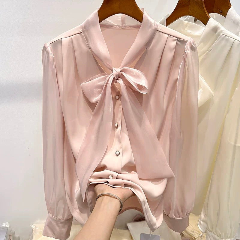 2023 new European goods temperament slim solid color V-neck organza lace-up single-breasted long-sleeved chiffon shirt for women spring