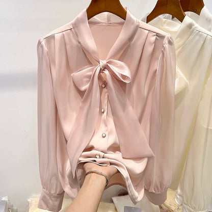 2023 new European goods temperament slim solid color V-neck organza lace-up single-breasted long-sleeved chiffon shirt for women spring