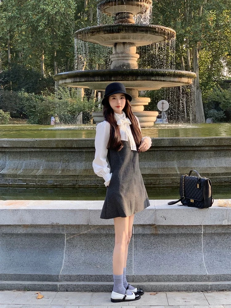 Age-reducing, beautiful and stylish suit, early autumn, new style, French bow, niche shirt, vest, dress, two-piece set