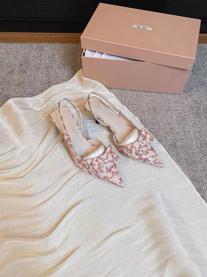 Jianghou Women's Summer High-Heeled Shoes: French-Style Bow, Closed-Toe, Side-Cutout Design; Perfect for Pairing with Floral Dresses; Ankle-Strap Sandals.
