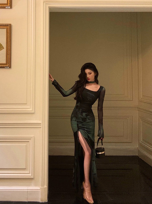 Godfrey smudged square neck halterneck dress for women 2024 spring new niche design slit slim long skirt