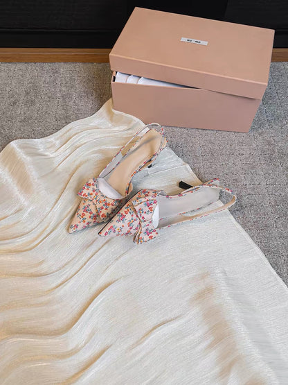Jianghou Women's Summer High-Heeled Shoes: French-Style Bow, Closed-Toe, Side-Cutout Design; Perfect for Pairing with Floral Dresses; Ankle-Strap Sandals.