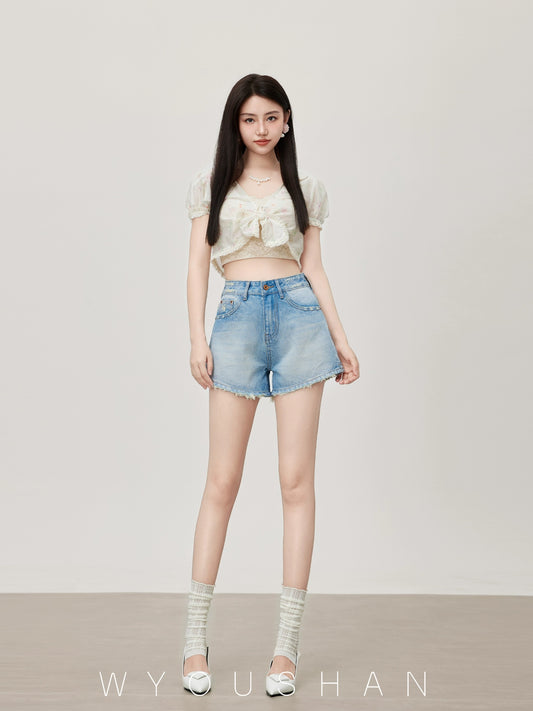 066 Wang Youshan Light Color Denim Shorts Women's Loose Summer High Waist Hot Pants New 2024 Thin A-Line Pants