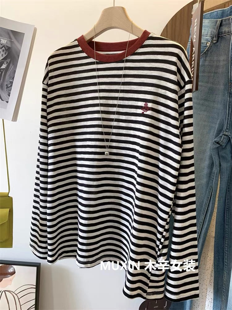 Embroidered Love Planet Bamboo Cotton Stripes Autumn Soft Breathable Comfortable Long Sleeve Loose Korean Style Women's T-shirt
