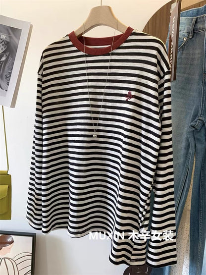 Embroidered Love Planet Bamboo Cotton Stripes Autumn Soft Breathable Comfortable Long Sleeve Loose Korean Style Women's T-shirt