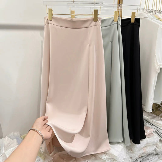 2023 new Korean temperament slim solid color high waist long chiffon skirt female summer thin a-line skirt
