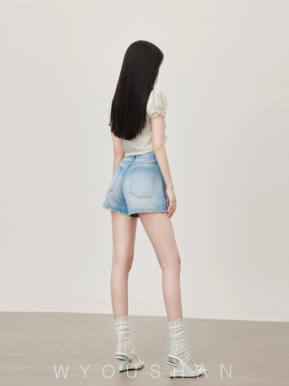 066 Wang Youshan Light Color Denim Shorts Women's Loose Summer High Waist Hot Pants New 2024 Thin A-Line Pants