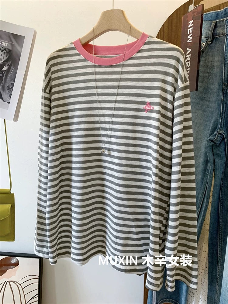 Embroidered Love Planet Bamboo Cotton Stripes Autumn Soft Breathable Comfortable Long Sleeve Loose Korean Style Women's T-shirt