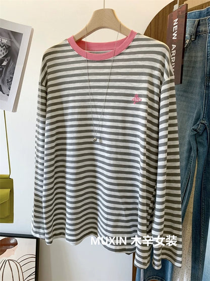 Embroidered Love Planet Bamboo Cotton Stripes Autumn Soft Breathable Comfortable Long Sleeve Loose Korean Style Women's T-shirt
