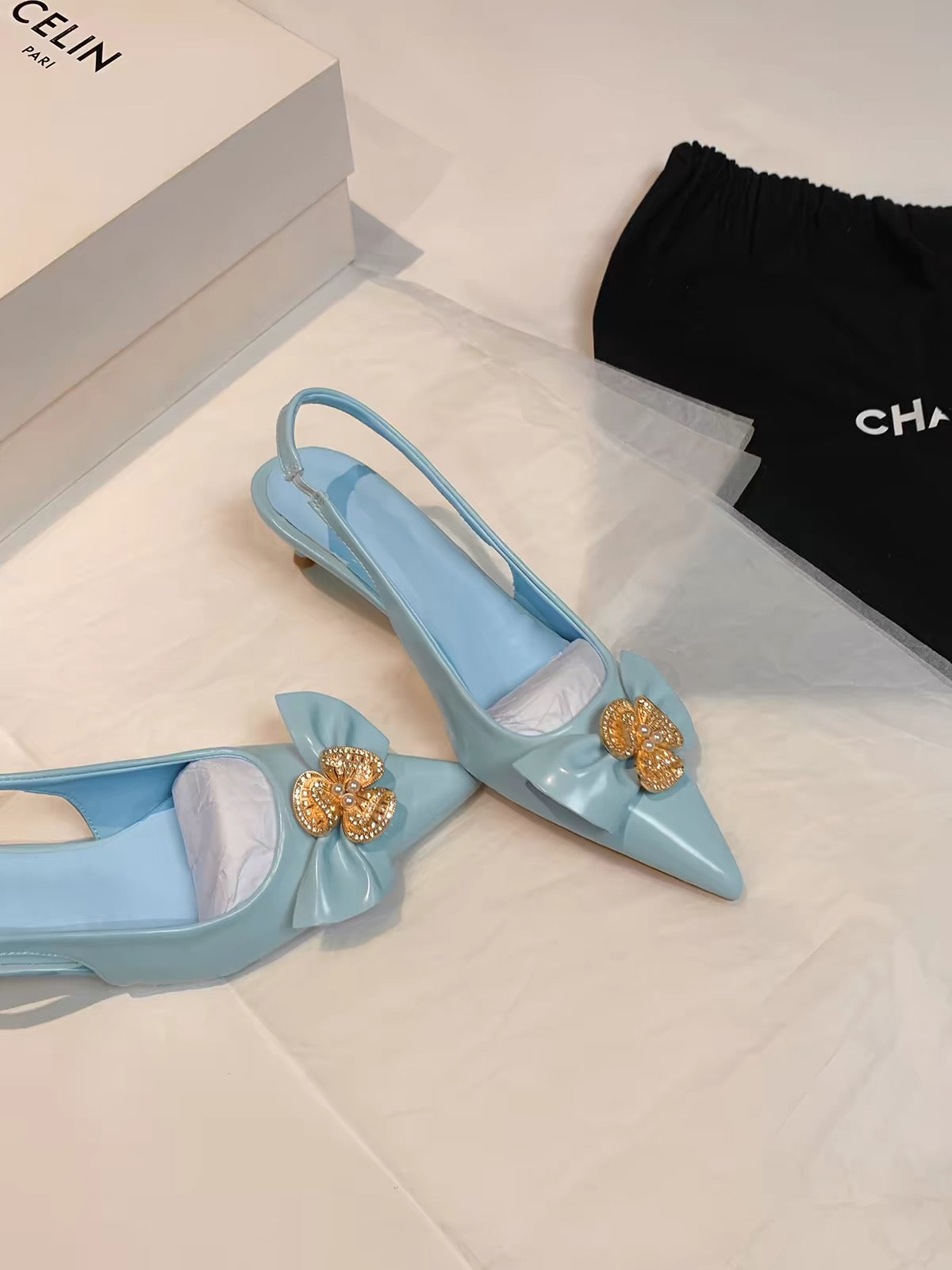 Jianghou Women's Shoes – French-style elegant blue mid-heel pointed-toe slingback mules (2026 new arrival)