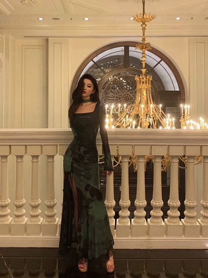 Godfrey smudged square neck halterneck dress for women 2024 spring new niche design slit slim long skirt
