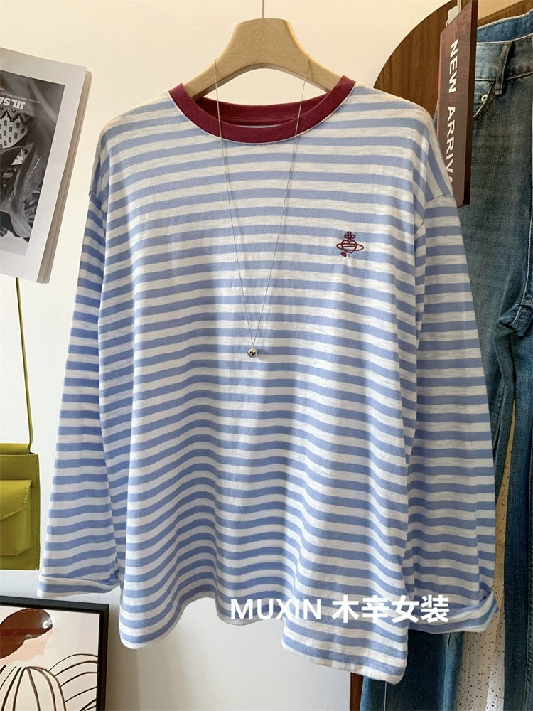 Embroidered Love Planet Bamboo Cotton Stripes Autumn Soft Breathable Comfortable Long Sleeve Loose Korean Style Women's T-shirt