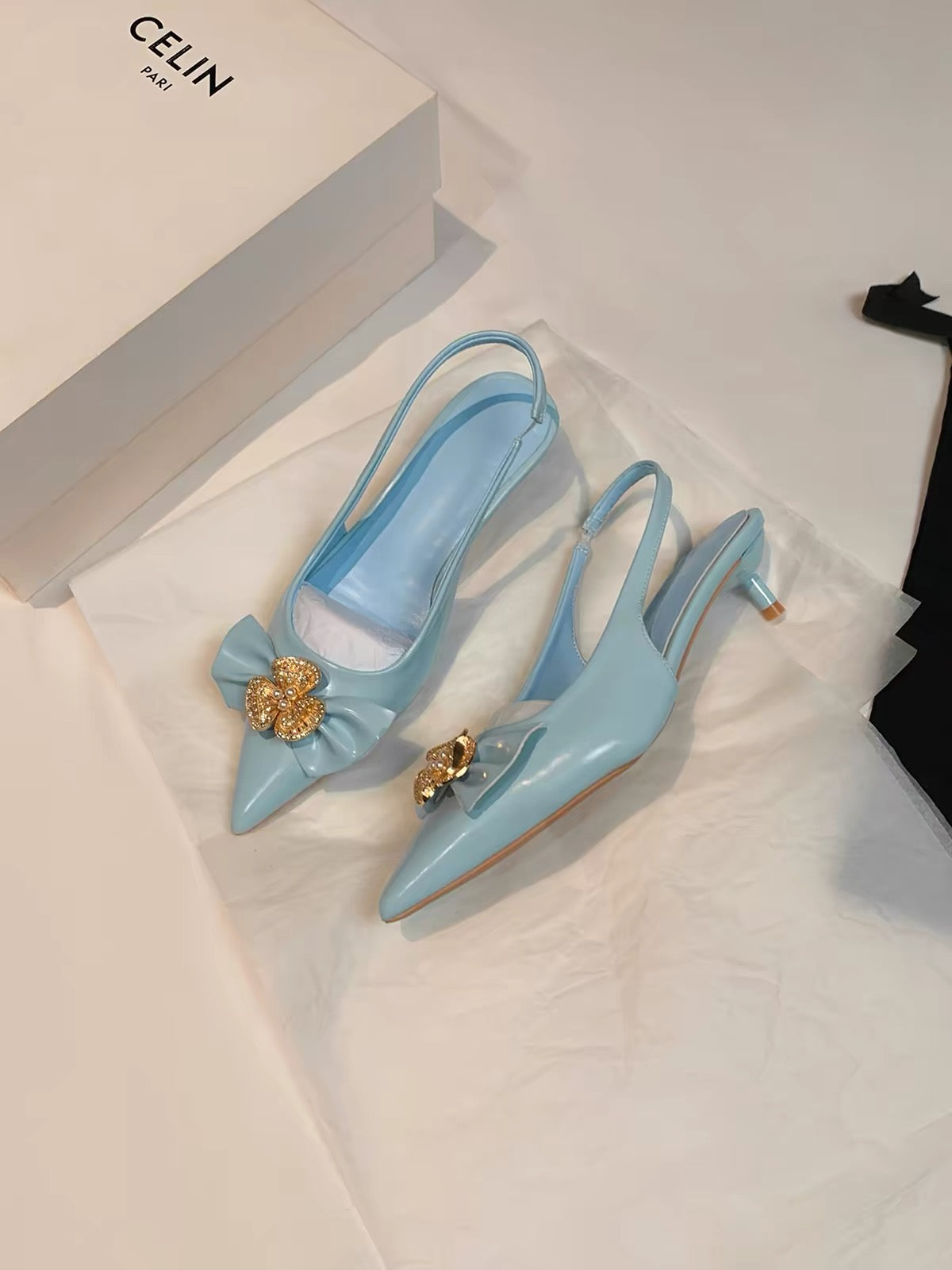 Jianghou Women's Shoes – French-style elegant blue mid-heel pointed-toe slingback mules (2026 new arrival)
