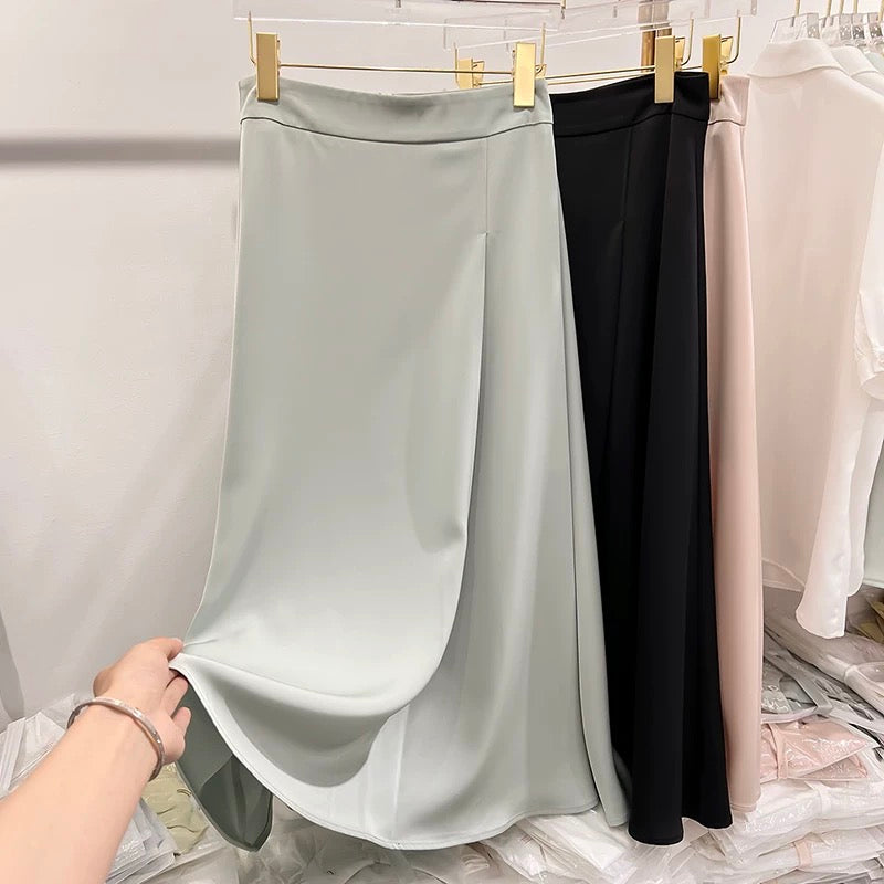 2023 new Korean temperament slim solid color high waist long chiffon skirt female summer thin a-line skirt
