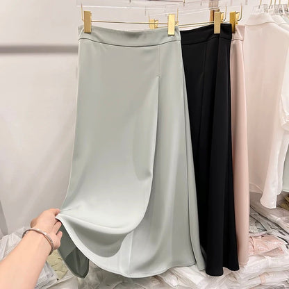 2023 new Korean temperament slim solid color high waist long chiffon skirt female summer thin a-line skirt