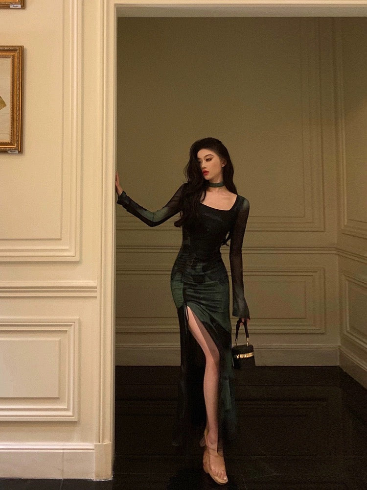 Godfrey smudged square neck halterneck dress for women 2024 spring new niche design slit slim long skirt