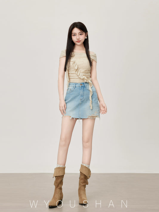 850 Wang Youshan light blue denim short skirt high waist 2024 summer new style small women's hip-hugging slimming skirt