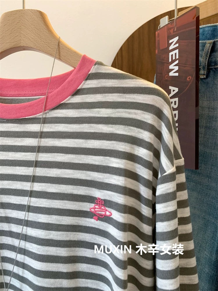 Embroidered Love Planet Bamboo Cotton Stripes Autumn Soft Breathable Comfortable Long Sleeve Loose Korean Style Women's T-shirt