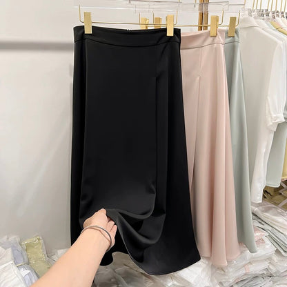 2023 new Korean temperament slim solid color high waist long chiffon skirt female summer thin a-line skirt