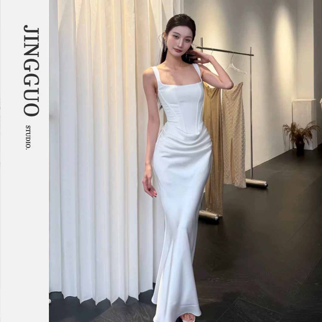 【JINGGUO Luxury】Niche Design French-Style Herringbone Waist-Cinching Slimming Mermaid Dress 7605