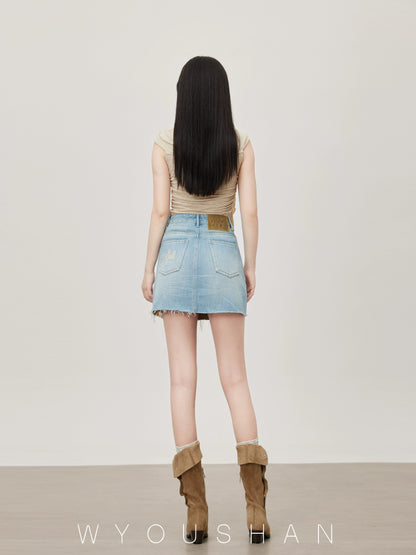 850 Wang Youshan light blue denim short skirt high waist 2024 summer new style small women's hip-hugging slimming skirt