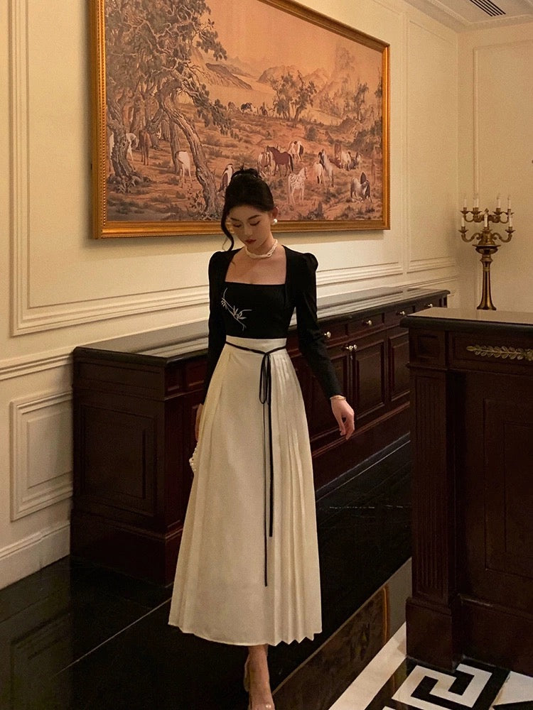 Goffu's New Chinese Style National Style Dress Women's 2024 Spring New Square Neck Belt Waist Horse Face Dress Long Skirt