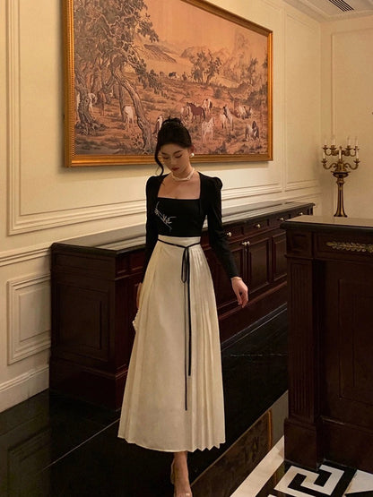 Goffu's New Chinese Style National Style Dress Women's 2024 Spring New Square Neck Belt Waist Horse Face Dress Long Skirt