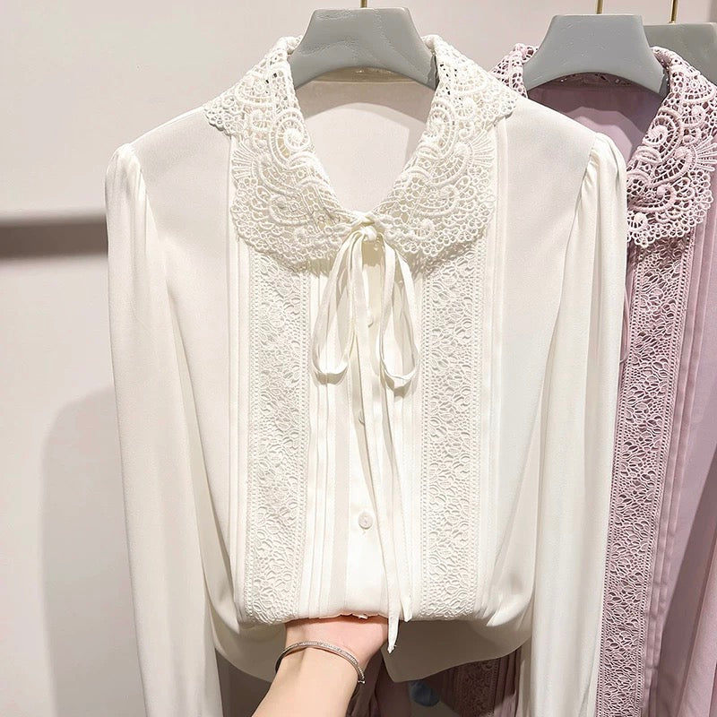 2024 new Korean temperament slim lapel hook flower lace solid color long sleeve chiffon shirt female spring thin top