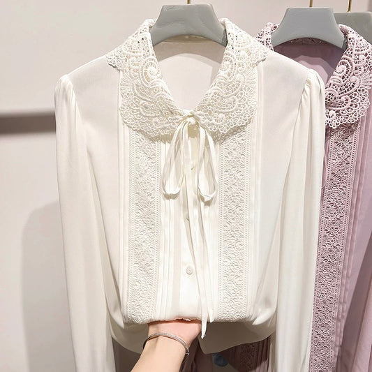 2024 new Korean temperament slim lapel hook flower lace solid color long sleeve chiffon shirt female spring thin top