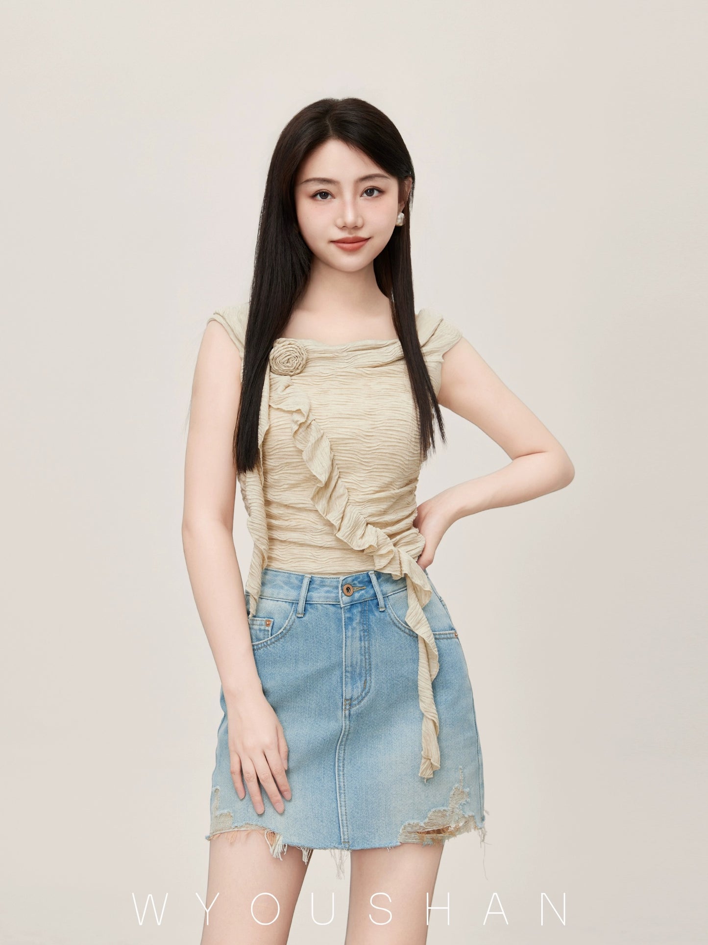 850 Wang Youshan light blue denim short skirt high waist 2024 summer new style small women's hip-hugging slimming skirt