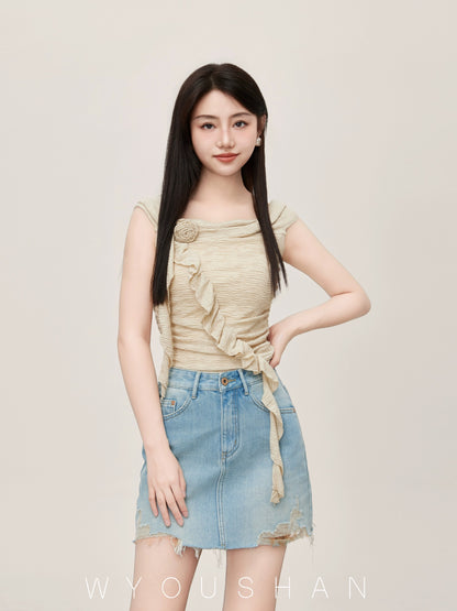 850 Wang Youshan light blue denim short skirt high waist 2024 summer new style small women's hip-hugging slimming skirt