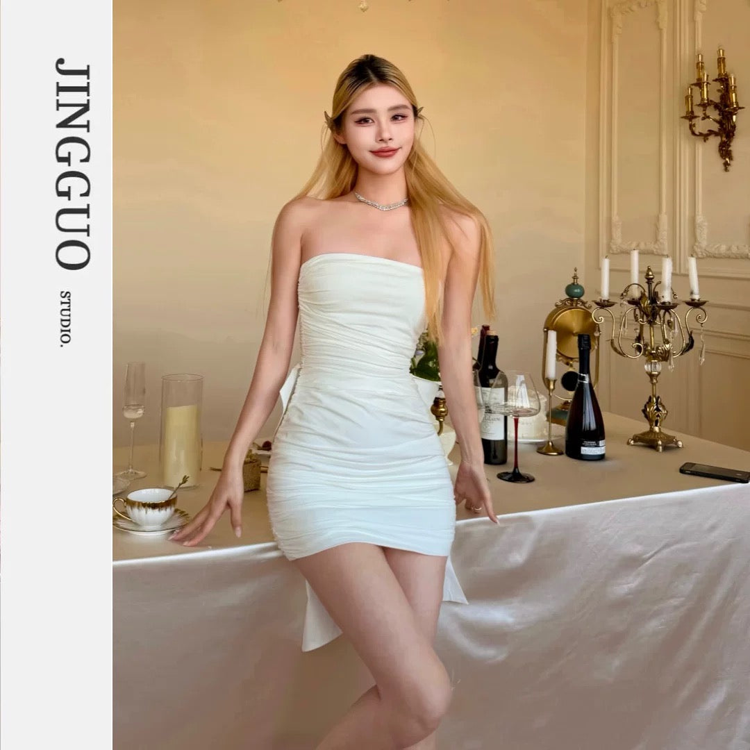 【JINGGUO Luxury】Niche Design French Sexy Strapless Bow Waist Slim Fit Dress 7591