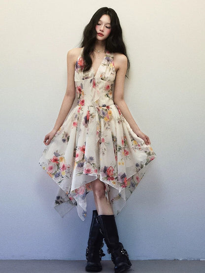 1P STUDIO "Romantic Mountain Flowers" watercolor print sleeveless dress female summer irregular V-neck halter dress